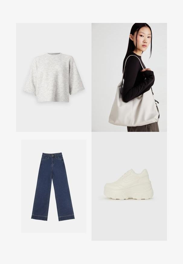 Grijze gebreide trui met een ontspannen, boxy vorm en brede mouwen. Heeft een ronde hals en een zachte textuur. Geen zichtbare patronen of accenten.; Wide-leg jeans in donkerblauwe denim. Voorzien van vijf zakken, riemlussen en een rauwe zoom onderaan met zichtbare stikseldetails.; Witte platform sneakers met een gladde leren bovenkant, afgeronde vorm, gewatteerde kraag en een gestructureerde rubberen zool met duidelijke profiel.; Beige handtas gemaakt van zacht materiaal, met een slonzig ontwerp, gestikte details en twee schouderbanden. Geschikt voor dagelijks gebruik.