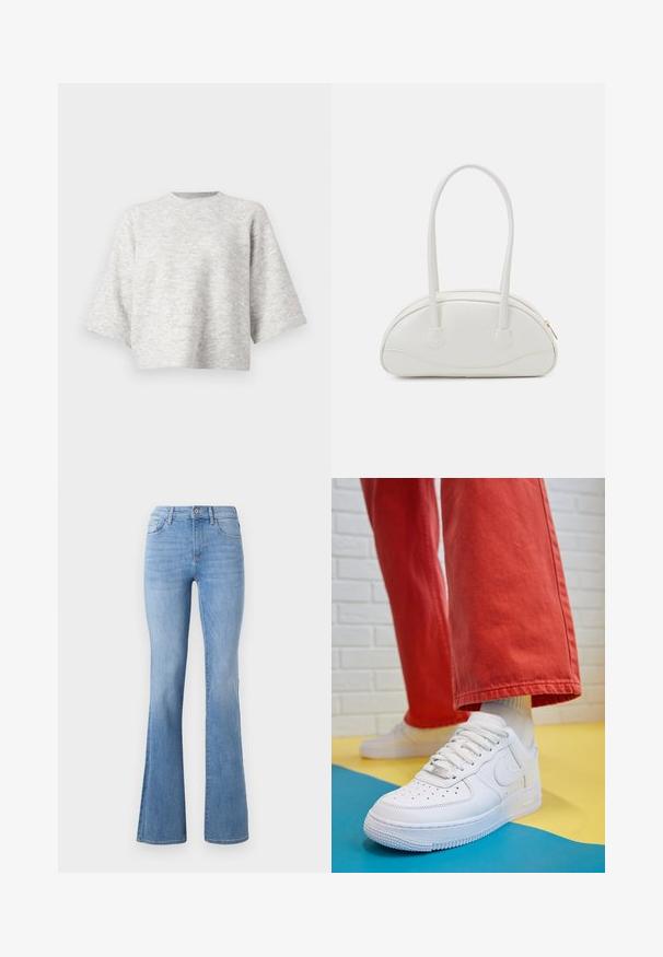 Harmaa neulepusero, jossa on rento, laatikkomainen muoto ja leveät hihansuut. Varustettu pyöreällä kaula-aukolla ja pehmeällä pinnalla. Ei näkyviä kuvioita tai yksityiskohtia.; Vaaleansiniset levenevät farkut, joissa on keskikorkea vyötärö, klassinen viiden taskun muotoilu ja hillitty haalistuma sähkönsä mukana pitkin lahkeita. Farkkukankaan rakenne.; Valkoinen nahkakengät, joissa on rei'itetty varvasosa, teksturoitu pohja ja valkoiset nauhat, yhdistettynä leveisiin punaisiin housuihin ja sinikeltaiseen taustaan.; Even&Odd Käsilaukku - off-white