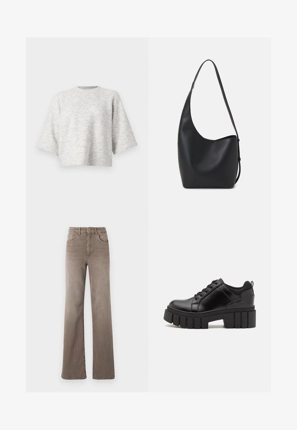 Siva pletena dukserica s opuštenim, kutnim oblikom i širokim rukavima. Ima okrugli izrez i mekanu teksturu. Nema vidljivih uzoraka ili akcenta.; Smeđe traperice visokog struka ravnog kroja s prednjim gumbom, petljama za pojas i klasičnim dizajnom od pet džepova na bijeloj pozadini.; Crne kožne platforme s debelim blok-peta, okruglim prstima i klasičnim dizajnom vezanja. Imaju gladak tekstur i minimalne detalje.; Crna kožna hobo torba s glatkom teksturom, zakrivljenim oblikom i jednom podesivom trakicom; ima širok otvor na vrhu.