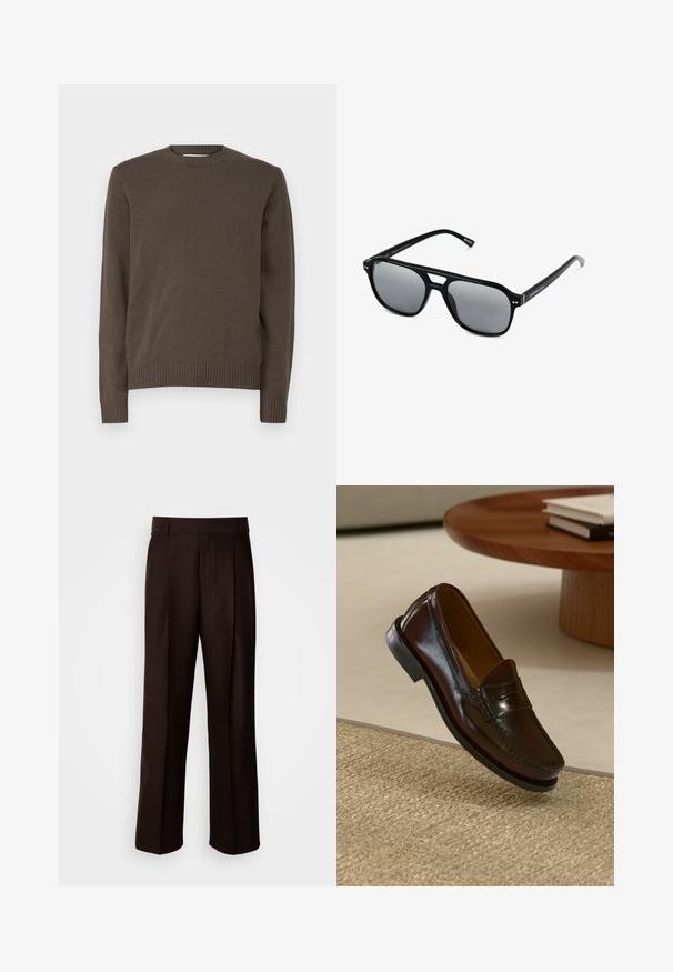 Maglione marrone lavorato a maglia con scollatura rotonda, maniche lunghe, orlo e polsini a coste, caratterizzato da una texture liscia in tutta la sua superficie.; Pantaloni marroni su misura con design a gamba dritta, caratterizzati da una piega frontale, texture liscia e una vita classica. Adatti per abbigliamento formale.; Mocassini in pelle marrone con finitura lucida, caratterizzati da un dettaglio cucito sulla parte anteriore e una suola in gomma nera a profilo basso.; Occhiali da sole neri con montatura rettangolare, lenti grigie oscurate e design con intaglio sul ponte. Materiale plastico lucido e slanciato, con tempie sottili.