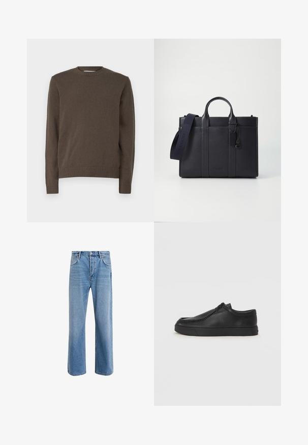 Brauner Strickpullover mit rundem Ausschnitt, langen Ärmeln, geripptem Saum und Bündchen, der eine durchgehend glatte Textur aufweist.; Helle blaue Jeans im Geradeschnitt-Design, mit fünf Taschen, Knopfverschluss, minimaler Ausbleichung und kontrastierenden Nähdetails.; Schwarze Leder-Schlupfschuhe mit runder Zehenform, genähten Details und schwarzer Gummisohle. Glatte Textur mit minimalistischem Design.; Dunkelblaues Lederaktentasche mit doppelten oberen Griffen und einem abnehmbaren Gurt. Merkmale sind die strukturierte Oberfläche, vertikale Nähte und das Logo-Detail.