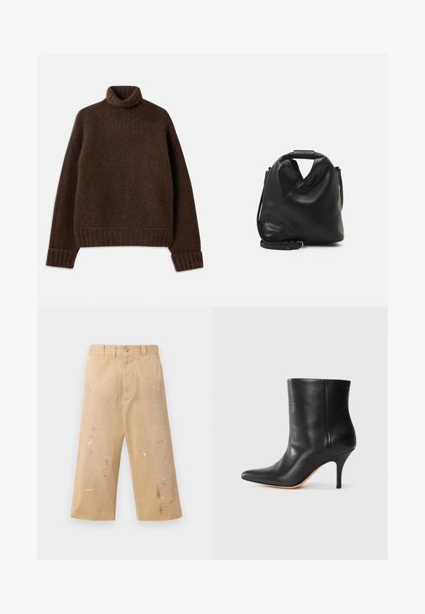 Maglione a collo alto marrone con un motivo a maglia testurizzato. Presenta polsini e orlo a costine, e una vestibilità leggermente ampia. Materiale morbido e accogliente.; Pantaloni corti in tela beige con una vestibilità ampia, caratterizzati da schizzi di vernice di vari colori, chiusura anteriore con bottone e passanti per la cintura.; Stivale alla caviglia in pelle nera con punta affilata, sottile tacco a stiletto e superficie liscia. Design minimalista senza hardware o accenti visibili.; Borsa nera in pelle morbida con un design unico e attorcigliato. Presenta una maniglia corta e una tracolla removibile. Stile minimalista.