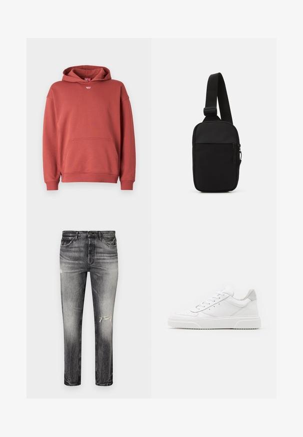 Červená bavlnená mikina s klokankou, rebrovanými manžetami a lemom. Má malé logo na hrudi a šnúrku v kapucni.; Vyblednuté čierne riflové nohavice so rovný strihom, s poškodenými miestami, prednými vreckami a klasickým gombíkovým zapínaním.; Biele kožené tenisky s hladkým povrchom, zaoblenou špičkou, plochými šnúrkami a textúrovanou podrážkou. Sivý semišový akcent na päte.; Čierna crossbody taška vyrobená z odolnej tkaniny, s jedným nastaviteľným popruhom, so zipsom na hlavnej priehradke a prednou kapsou.