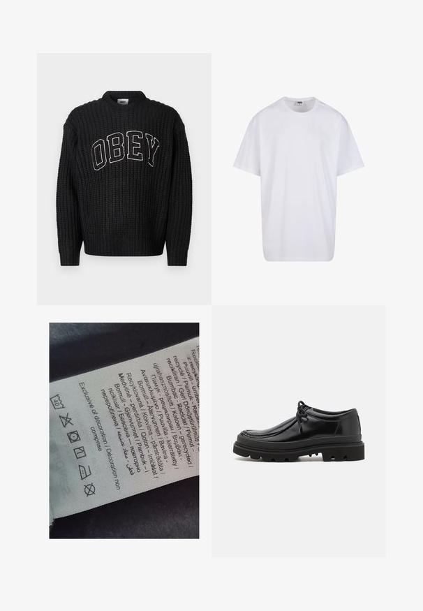 Musta neulottu villapaita pyöreällä pääntiellä, jossa valkoinen "OBEY"-kirjailu rinnassa. Koko vaateossa kuvioitu pintakuvio.; Valkoinen puuvillainen t-paita, jossa on lyhyet hihat, pyöreä kaula-aukko, rento istuvuus ja ei näkyviä logoja tai kuvioita. Sileä pinta ja minimaalinen muotoilu.; Tarran etiketti, jossa on monikielistä tekstiä, huoltovihjeitä ja kierrätysikoneita, painettuna pehmeälle kankaanomaista materiaalia, vaaleassa väreissä.; Mustat nahkakengät Derby-tyyliin, jossa on tyylikäs muotoilu, pyöreä kärki ja teksturoitu kumipohja, jossa on syviä uria pidon parantamiseksi.