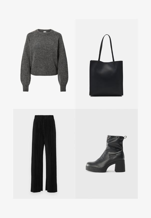 Sötétszürke gyapjú hosszú ujjú pulóver, kerek nyakkal és enyhén puffos ujjakkal, kötött textúrával és bordázott mandzsettával és aljjal.; Fekete pliszírozott nadrág gumis derekkal. Széles lábakkal rendelkezik, sima, texturált anyagból készült, függőleges csíkokkal.; Fekete bokacsizmák sima bőrből, oldalsó cipzárral, vastag, texturált sarkú és lekerekített orrú dizájnnal.; Fekete bőrtáska sima felszínnel, téglalap alakú, két hosszú füllel. Nincs látható fémkiegészítő vagy díszítés.