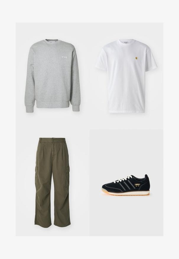 Gray cotton sweatshirt with a crew neckline, long sleeves, ribbed cuffs, and a small white logo on the left chest. Soft texture.; White cotton t-shirt with short sleeves, crew neck, featuring a small gold logo on the left chest area. Soft texture and regular fit.; Cargo pants in olive green, made of cotton, with a wide leg design, pleats, and side pockets for utility.; Black suede sneaker with white laces, three white stripes on the side, textured accents, and a rubber sole featuring a slight orange tint.