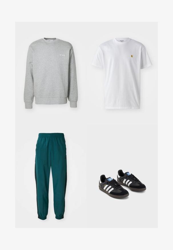 Felpa grigia in cotone con scollatura a girocollo, maniche lunghe, polsini a costine e un piccolo logo bianco sul lato sinistro del petto. Texture morbida.; T-shirt bianco in cotone con maniche corte, con colletto girocollo, caratterizzato da un piccolo logo dorato sulla parte sinistra del petto. Tessuto morbido e vestibilità regolare.; Pantaloni sportivi turchesi con vita regolabile tramite cordino, polsini elastici e strisce nere laterali. Realizzati in tessuto leggero, presentano un logo vicino all'anca.; Sneakers neri con tomaia in suede e materiale sintetico, caratterizzati da tre strisce bianche, suola in gomma testurizzata e etichetta blu sul linguetta.