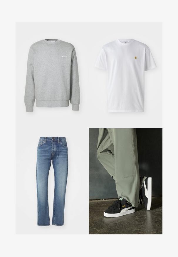 Grijze katoenen sweatshirt met een ronde halslijn, lange mouwen, ribgebreide boorden en een klein wit logo op de linkerkant van de borst. Zachte textuur.; Witte katoenen t-shirt met korte mouwen en ronde hals, voorzien van een klein gouden logo op de linkerkant van de borst. Zachte textuur en een normale pasvorm.; Blauwe denim jeans met een rechte snit, voorzien van een medium wasbeurt, vijf zakken en subtiele vervaging. Inclusief een klassieke tailleband en riemlussen.; Zwarte suède sneakers met witte rubberen zolen en zijstrepen, gecombineerd met lichtgroene cargobroeken, staande op een gestructureerd donker oppervlak.