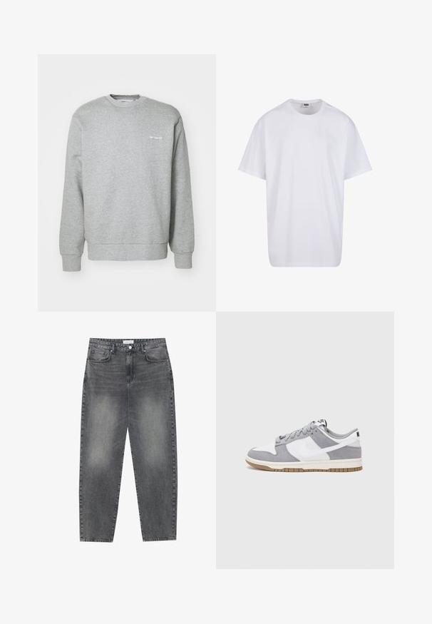 Harmaa puuvillaneule, jossa on pyöreä kaula-aukko, pitkät hihat, ribbireunat ja pieni valkoinen logo vasemmassa rinnassa. Pehmeä rakenne.; Valkoinen puuvillainen t-paita, jossa on lyhyet hihat, pyöreä kaula-aukko, rento istuvuus ja ei näkyviä logoja tai kuvioita. Sileä pinta ja minimaalinen muotoilu.; Korkeavyötäröiset, väljät farkut haalistuneesta mustasta denimestä. Ominaisuuksiin kuuluu viisi taskua, vyölenkit ja siisti, suora lahjetyyli.; Harmaa ja valkoinen lenkkari, jossa on mokka- ja nahkapinta, pyöreä kärki, litteät nauhat ja kumipohja, jossa on vaahtomuoviväri.