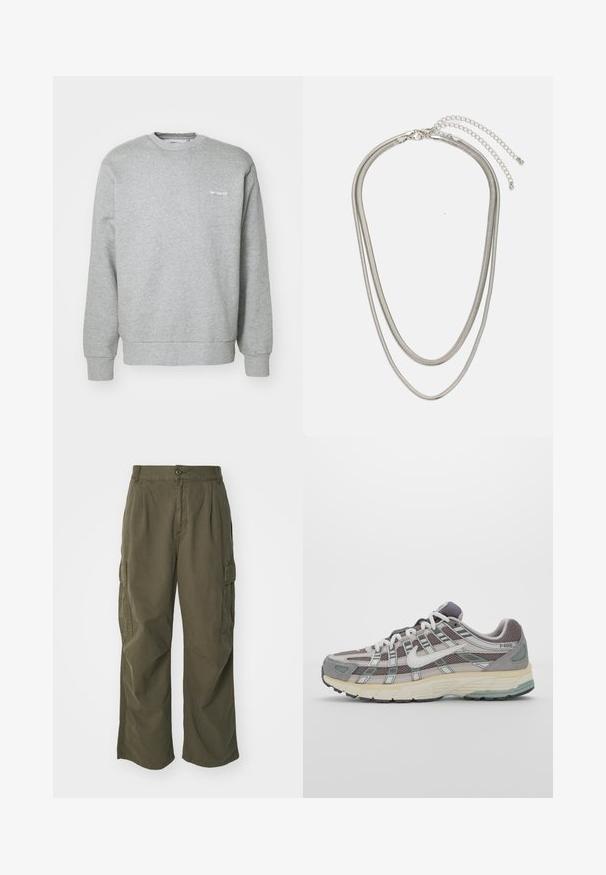 Grå bomullssweatshirt med rund hals, lange ermer, ribbestrikkede mansjetter og en liten hvit logo på venstre bryst. Myk tekstur.; Olivenfargede cargo bukser, laget av bomull, med bred bendesign, folder og sidelommer for nytte.; Grå treningssko med overdel i nett og semsket skinn, hvite detaljer, en polstret såle, og et særpreget design med reflekterende elementer.; Tre-lags sølvmetallkjede med elegante, fleksible kjeder med en svak glans, sikret med en krabbe-lås og justerbar kjede.