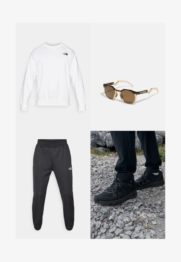 Witte sweatshirt met ronde hals, lange raglanmouwen, geribbelde manchet- en zoomrand, met een klein zwart logo op de bovenkant van de linkerborst.; Witte lange mouwen T-shirt gemaakt van katoen met een ronde hals. Beschikt over een klein zwart logo op de borst. Soepele textuur, normale pasvorm.; Zwarte sweatpants met een trekkoord in de taille, tapered fit, elastische boorden en een klein wit logo op de linker dij, gemaakt van gladde stof.; Zwarte buitenschoenen van mesh en synthetisch materiaal, met een gestructureerd bovenwerk, een beveiligd vetersysteem en een robuuste zool, op een ruig terrein.; Bruine, ronde zonnebrillen met een schildpadprint en een helder lichtgele montuur, hoekige armen en een gestructureerd detail op de veren.