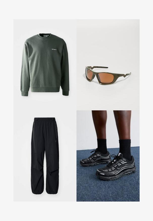 Tummanvihreä puuvillasekoitehuppari, jossa on pyöreä kaula-aukko, ribbaatut hihansuut ja pieni valkoinen logo vasemmassa rinnassa.; Mustat kevyet cargo-housut, joissa on joustava vyötärö, sivuvetoketjut ja tilavat taskut. Ominaisuuksiin kuuluu rento istuvuus ja kapenevat hihnat.; Mustat Nike-kengät, joissa on verkkomateriaali ja korostetut raidat, teksturoitu nauhoitus ja musta kumipohja. Yhdistetty mustiin ribbikurottimiin.; Oliivinvihreät aurinkolasit, joissa on suorakulmaiset linssit ja oranssi sävy, jolla on teksturoitu kehys ja erottuvat kulmikkaat templet.