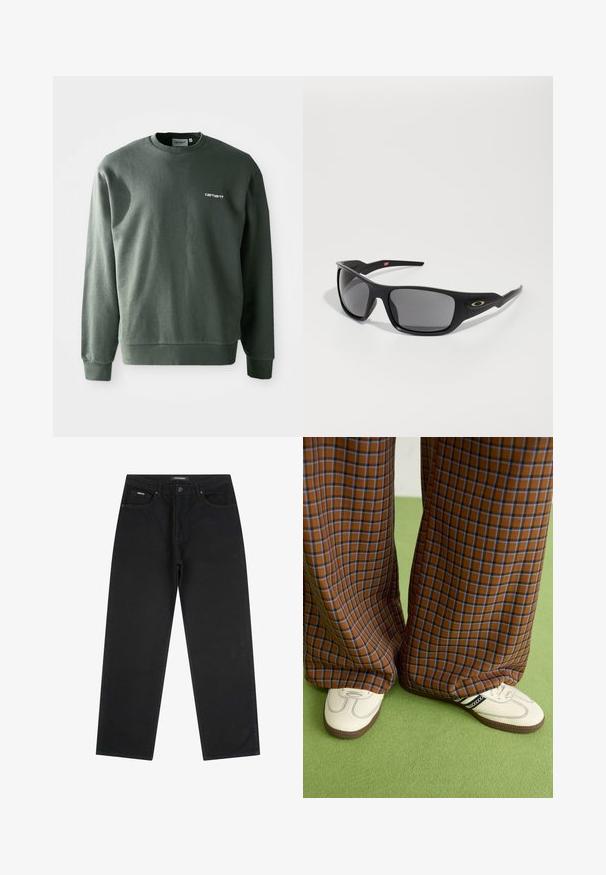 Ciemnozielona bluza wykonana z mieszanki bawełny, z okrągłym dekoltem, ściągaczami na rękawach oraz małym białym logo na lewej piersi.; Czarne jeansy proste o nogawce, z przednim guzikiem i zamkiem błyskawicznym, z pętlami na pasek i pięcioma kieszeniami, leżące na białym tle.; Brązowo-niebieskie spódnice w kratę o szerokich nogawkach zestawione z białymi butami z czarnymi akcentami i teksturowaną podeszwą, na tle zielonego tła.; Czarne okulary przeciwsłoneczne o prostokątnym kształcie, wykonane z trwałego plastiku, z szarymi przyciemnionymi soczewkami i złotym akcentem z boku.