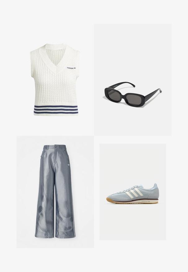 Hvit ermeløs strikket vest med V-hals, med et teksturert mønster og marineblå striper nederst. Adidas-logo på venstre bryst.; Vide benbukser i skinnende grå materiale, med hvide sidestriber og et flammemønster på de nederste ben. Knap- og lynlåslukning i taljen.; Lys blå semsket sneakers med hvite tre striper, gummisåle og teksturert mesh. Har en jevn tåhette og merkevare på hælen.; Svarte rektangulære solbriller med mørke linser. Tykk plastisk ramme, glatt tekstur og avrundede kanter. Stilige stenger strekker seg utover.