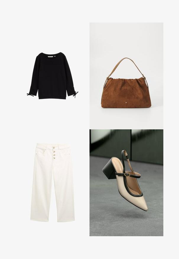 Černá texturovaná mikina s širokým výstřihem, dlouhými rukávy a nastavovacími tkaničkami na manžetách. Měkký materiál, minimalistický design.; Bílé džíny s širokými nohavicemi, pěticí knoflíků vpředu, přední kapsy a hladký povrch. Rovné nohavice s čistými lemy a decentními švy.; Beige boty s špičatou špičkou a otevřenou patou, černými detaily, zlatou přezkou a silným blokovým podpatkem, na šedé podlaze s tmavě zeleným pozadím.; Hnědá semišová kabelka se skládáním, s jedním světlým koženým popruhem a decentním zlatým logem na přední straně.