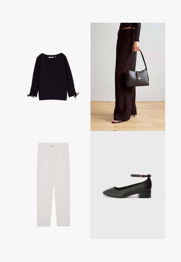 Sudadera negra con textura, cuello ancho, mangas largas y lazos ajustables en los puños. Tejido suave, diseño minimalista.; Pantalones blancos, ajustados, con un diseño de pierna recta, que cuentan con un cierre de botón, lazos para cinturón y bolsillos laterales; textura de tela suave.; Zapato de tacón negro de cuero con punta afilada y tacón bajo cuadrado. Presenta una correa para el tobillo con una hebilla en tono dorado. Textura suave.; Bolso negro con forma estructurada, textura suave y un cierre metálico. Combinado con pantalones anchos negros y sandalias de dedo en un suelo de madera.