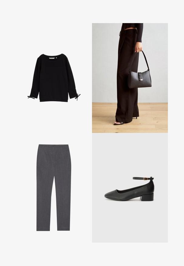 Melnas teksturētas sporta krekls ar plašu kakla izgriezumu, garām piedurknēm un regulējamām saitēm pie aprocēm. Mīksta auduma, minimālisma dizains.; Pelēki pielāgoti bikses, izgatavotas no teksturēta auduma, ar sānu kabatām un taisnu kāju dizainu, pārsteidzoši mīksta josta.; Melnas ādas sūkņi ar smailu purngalu un zemu bloku papēdi. Iezīmēts ar potītes siksniņu ar zelta krāsas sprādzi. Gluda tekstūra.; Melnā somiņa ar strukturētu formu, gludu tekstūru un metālu sprādzi. Saskaņota ar platām melnām biksēm un sandālēm ar atvērtu purngalu uz koka grīdas.