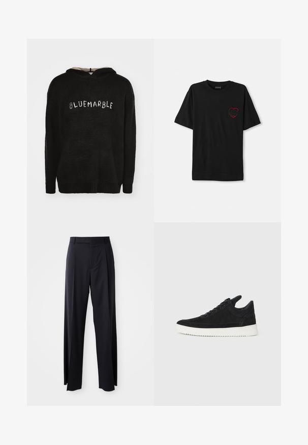 Melnā kapucēta sporta jakas izstrādāta no teksturēta auduma ar ribinātu apakšmali. Uz priekša redzams teksts "BLUEMARBLE" pretstatīgā materiālā.; Melnā kokvilnas T-kreklā ar īsām piedurknēm, kas rotāta ar sarkanu izšūtu sirdi kreisajā krūtī. Klasiska apaļa kakla izgriezuma forma, brīva piegriezne.; Melnas, augstās vidukļa bikses ar platām kājām, izgatavotas no gludas auduma. Iezīmē priekšējās krokas un jostas cilpas. Minimalistisks dizains, bez redzamām detaļām.; Melna zamša apavi ar baltu gumijas zoli, ar tonālu izšuvumu un auklu dizainu. Gluda tekstūra ar mūsdienīgu, plūstošu formu.