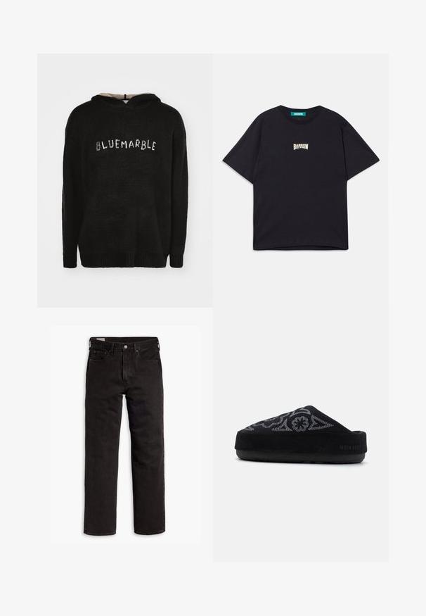 Black hooded sweatshirt made from textured fabric with ribbed hem. Features "BLUEMARBLE" text on the front in contrasting material.; Black cotton t-shirt with a relaxed fit, featuring a small white "BARROW" logo on the chest and classic crew neckline.; Black straight-leg denim jeans with five pockets, button closure, and belt loops, laid flat on a white background.; Black suede slip-on shoe with embroidered design, rounded toe, thick sole, and the text "MOON BOOT" on the heel. Textured surface.