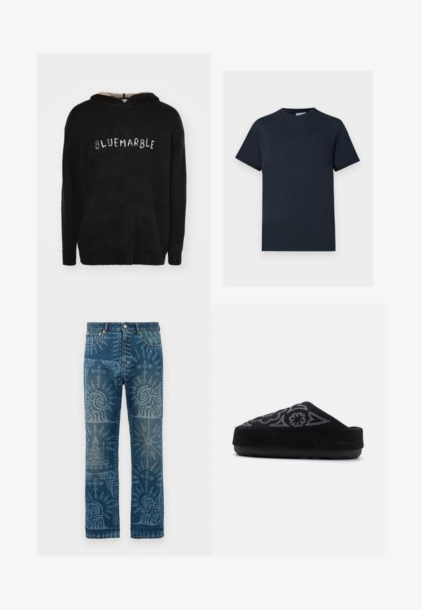 Fekete kapucnis pulóver, texturált anyagból, bordázott aljjal. Az elülső részén "BLUEMARBLE" felirat található, kontrasztoló anyagból.; Tengerészkék pamut póló, rövid ujjú, kerek nyakkivágással, a mellkasán egy világosabb árnyalatú, texturált logó dizájnnal.; Közép kék mosású farmernadrág, amely bonyolult világoskék mintákkal rendelkezik, egyenes szárú kivitel, klasszikus öt zsebes stílus és gombos záródás.; Fekete velúr slip-on cipő hímzett mintával, kerek orral, vastag talppal és a sarokban a "MOON BOOT" felirattal. Texturált felszín.