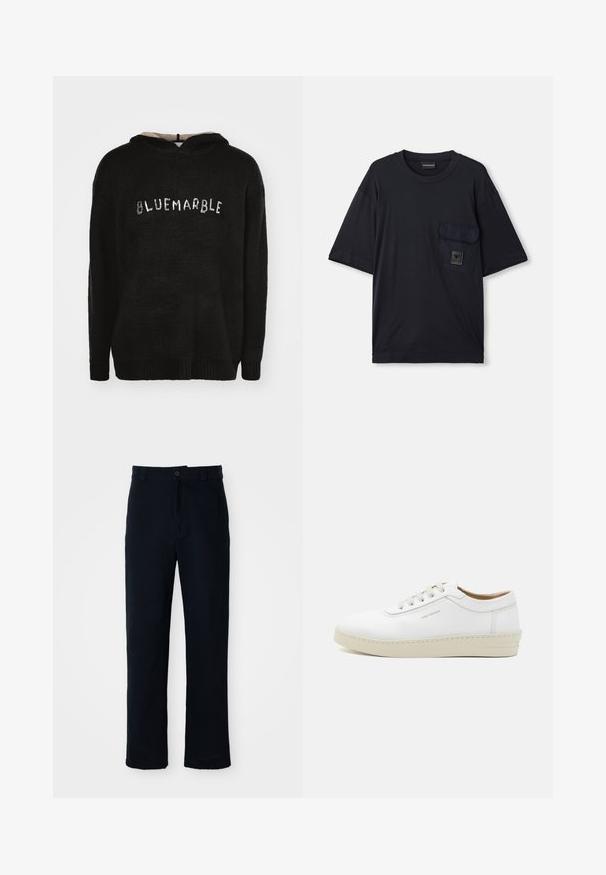 Juodas kapučino džemperis, pagamintas iš tekstūruotos medžiagos su brūkšniuotu hemu. Priekyje yra "BLUEMARBLE" tekstas, pateiktas kontrastinėje medžiagoje.; Juodas trumpas rankovės marškinėlis su apvalia kaklo iškirpte, su kišene kairėje krūtinės pusėje, ant kurios yra mažas stačiakampio formos logotipas.; Tamsiai mėlynos medvilninės kelnės, turinčios tiesioginį kirpimą, priekyje užsegamos mygtuku ir klasikine juosta su dirželio kilpom.; Balti odiniai sportbačiai su tekstūriniu paviršiumi, apvaliu kojų pirštu, smėlio spalvos guma ir šešiomis pilkomis raištelių akytėmis, su subtiliu ženklinimu šone.