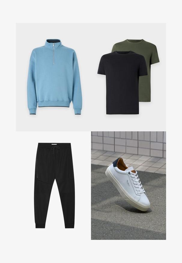 Világoskék pulóver magas gallérral, félig cipzáros elülső résszel és bordás mandzsettákkal. Puha anyag, kényelmes szabás, és kontrasztos sötét alsó rész részletekkel.; Két crew neck póló fekete és olíva zöld színben, puha pamut anyagból. A design egyszerű, rövid ujjú és egyenes szabású.; Fekete sportnadrág texturált anyagból, állítható derékkal, cipzáras oldalzsebbel és szűkített szegéllyel.; Fehér bőr sneaker sötétkék sarkúval, kerek orral és kontrasztos barna részletekkel. Lapított fűzőkkel és textúrált gumitalppal rendelkezik.
