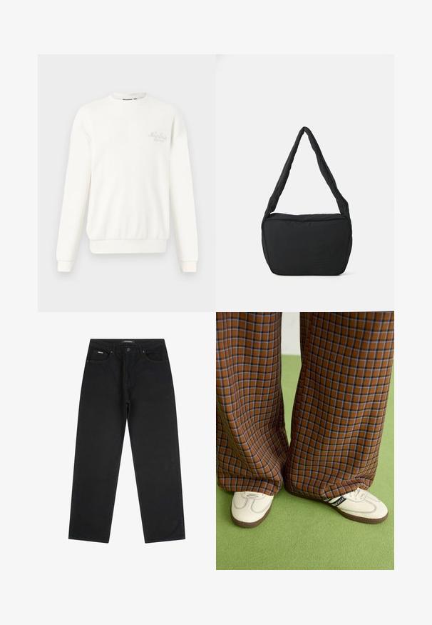 Valkoinen ribattuja huppari, joka on valmistettu pehmeästä kankaasta, jossa on pyöreä kaula-aukko, pitkät hihat ja brodeerattu logo rinnassa.; Mustat suorat farkut, joissa on etupainike ja vetoketju, vyölenkit ja viisi taskua, aseteltuna litteäksi valkoista taustaa vasten.; Ruskonsin ja sininen ruutukuvioinen leveälahkeinen housut yhdistettynä valkoisiin kenkiin, joissa on mustia yksityiskohtia ja tekstuuripohjat, vihreää taustaa vasten.; Musta olkalaukku, jossa on pehmustettu pinta, pyöreä muoto ja leveä hihna, sekä kohopainettu logo edessä.