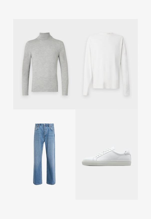 Maglione a maniche lunghe color grigio chiaro con collo alto e trama a maglia fine, esposto su uno sfondo bianco semplice.; Camicia bianca in cotone a maniche lunghe con scollatura rotonda, spacchi laterali in fondo e una texture liscia, mostrata da dietro.; Jeans in denim blu chiaro con design a gamba dritta, cinque tasche, chiusura con bottone, leggero sbiadimento e dettagli di cucitura a contrasto.; Sneaker bianco con tomaia in pelle liscia e profilo basso. Presenta una punta arrotondata, sei occhielli e una suola in gomma testurizzata.