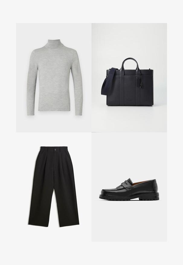 Lichtgrijze lange mouwen turtleneck trui met fijne breistekstuur, weergegeven op een effen witte achtergrond.; Zwarte broeken met een relaxte pasvorm, voorzien van plooien aan de voorzijde, zijzakken en een knoopsluiting. Gemaakt van textiel met structuur.; Zwarte leren instappers hebben een verhoogde naad, twee decoratieve banden op de bovenkant en een dikke, gestructureerde zool voor extra grip.; Donkerblauwe leren aktetas met dubbele bovenhandgrepen en een afneembare schouderband. Kenmerkt zich door een gestructureerde afwerking, verticale stiksels en een logo-detail.