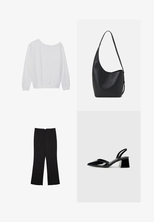 Vit långärmad sweatshirt med en lös, avskuren halsringning, ribbad mudd och ett samlat fåll, gjord av mjukt tyg.; Svarta byxor med rak passform, utrustade med framfickor och sidoklyvningar vid fållen. Tillverkade av mjukt, slätt tyg. Lämpliga för olika tillfällen.; Svarta lackläder slingback klackar med spetsig tå och geometrisk klack. Har en elegant, minimalistisk design och slät yta.; Svart läder hobo-väska med en slät textur, kurvig form och en justerbar axelrem; har en bred öppning upptill.