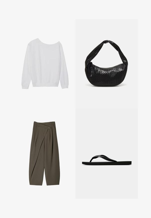 Bílá dlouhá mikina s volným, odhaleným výstřihem, žebrovanými rukávy a nařaseným lemem, vyrobená z měkkého materiálu.; Široké kalhoty z tmavě olivově zelené látky, s plisovaným předním designem, knoflíkovým uzávěrem a lesklým, strukturovaným povrchem.; Černé gumové žabky s texturovaným páskem a jednoduchou plochou podrážkou, zobrazené z boku na světlém pozadí.; Černá tkaná kožená kabelka s křivkovým tvarem, vybavená silnou rukojetí a zipovým zavíráním. Texturovaný povrch s lesklým finišem.