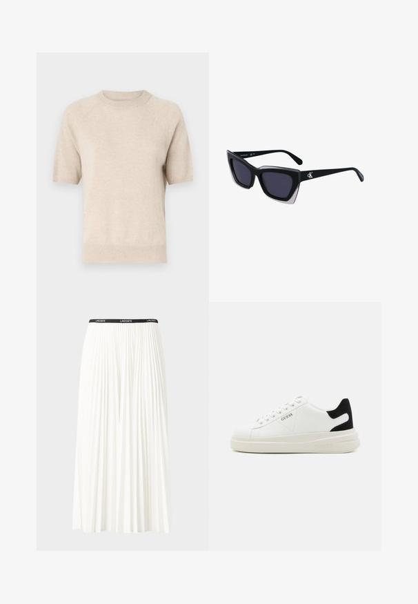 Bežs īsām piedurknēm džemperis ar apaļu kakla izgriezumu, izgatavots no mīkstas, strukturētas auduma. Piedāvā ribu aproces un maliņas ar brīvu piegriezumu.; Gari plānas baltas svārku ar melnu elastīgu jostu, uz kuras redzams "LACOSTE" logo. Vidēja garuma dizains ar mīkstu tekstūru.; Baltas ādas sporta apavi ar biezu balto zoli, melna zamša uzpura un izspiestais logotips sānos. Šņorējuma dizains ar sešiem acu caurumiem.; Melni pārmēru saulesbrilles ar ģeometrisku formu, kas aprīkotas ar tumšiem stikliem un kontrastējošu pelēku akcentu uz rāmja. Logo uz kājas.