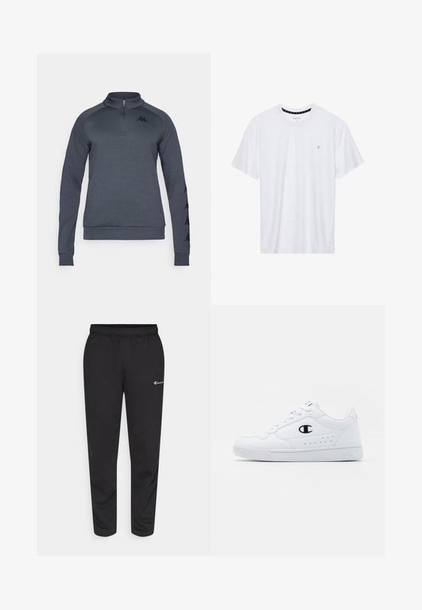 Dark gray pullover sweatshirt with a quarter zip, ribbed cuffs, and black logo on the chest. Smooth texture and sporty design.; White crewneck t-shirt made of cotton, featuring short sleeves and a small logo embroidered on the left chest area. Soft texture.; Black sweatpants made of cotton blend, featuring an elastic waistband and a small white logo on the left side. Tapered leg design.; White athletic sneakers with a smooth synthetic upper, black logo accent, and perforated detailing on the side. Rubber sole.