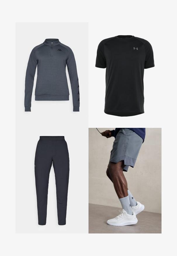 Tmavošedý pulóver so štvrťovým zipsom, rebrovanými manžetami a čiernym logom na hrudi. Hladká textúra a športový dizajn.; Čierny športový krátky rukáv vyrobený z hladkej, ľahkej tkaniny. Má zaoblený výstrih a nenápadné logo na hrudi.; Čierne športové nohavice s hladkým povrchom, priliehavým strihom, elastickým pásom a bočnými vreckami. Obsahujú malé logo na ľavom stehne.; Biele atletické topánky s textúrovaným sieťovinovým zvrškom, v kombinácii so svetlomodrými rebrovanými ponožkami s logom. Šedé atletické šortky s perforovaným lemem.
