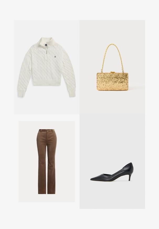 Camisola branca de malha com meio fecho e gola, punhos e bainha canelados, com um pequeno logotipo escuro bordado no lado esquerdo do peito.; Calças de dril castanhas com um design de perna reta, apresentando passantes para cinto, bolsos frontais e um discreto efeito de nervuras verticais para textura.; Sapato de salto alto preto em pele com bico fino e salto baixo. Apresenta uma textura suave e brilho subtil. Corte aberto na parte da frente para um detalhe adicional.; Clutch dourada em lantejoulas com formato retangular, apresentando uma alça de corrente torcida e um fecho de metal, refletindo a luz com um acabamento texturizado.