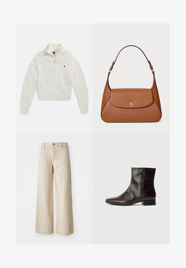 Camisola branca de malha com meio fecho e gola, punhos e bainha canelados, com um pequeno logotipo escuro bordado no lado esquerdo do peito.; Jeans largos beige feitos de denim, com cintura alta, fecho de botão, passantes para cinto e bolsos laterais. Textura suave e corte descontraído.; Bota de cano baixo em couro castanho com bico apontado, textura lisa, salto médio e design simples. Estilo minimalista sem adornos.; Bolsa de couro castanho com um design estruturado, uma aba plana na parte superior e uma alça curva única. Apresenta detalhes em dourado com logotipo em relevo.