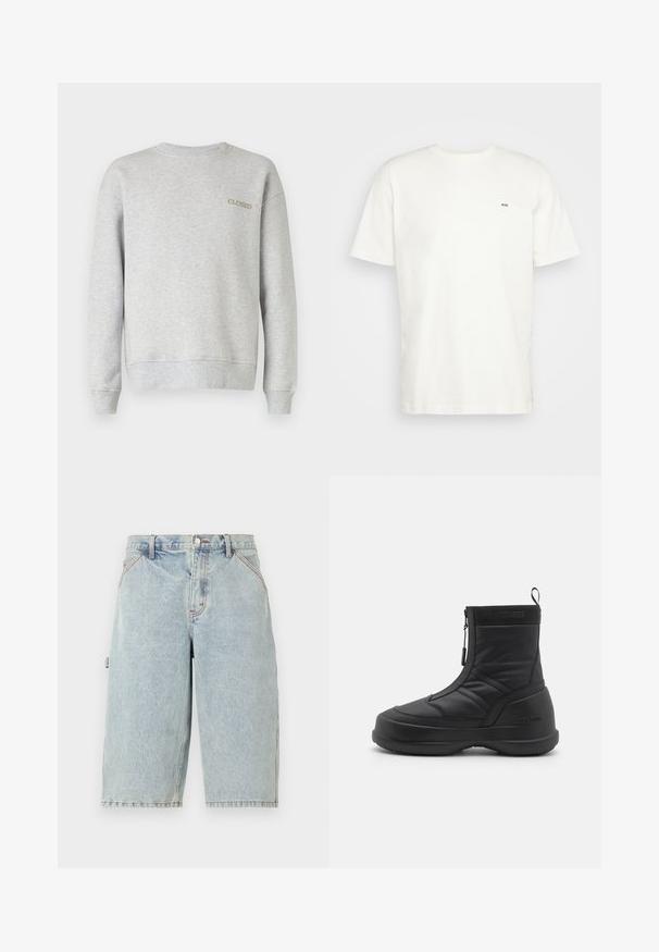 Grå genser laget av myk stoff, med ribbestrikket rund hals og mansjetter, med "CLOSED" brodert i en kontrastfarge.; Hvit bomulls T-skjorte med rund hals, korte ermer, og en liten svart "W.W." logo på venstre bryst. Jevn tekstur, normal passform.; Noon Goons RUNAWAY - Jeansshorts - washed blue; Svart vanntett snøboot med glatt syntetisk overdel, glidelås, polstret krage og teksturert gummisåle. Pyntet med "MOON BOOT" merkevare.