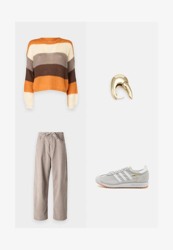 JDY JDYBADUT pomarańczowy; Beżowe spodnie w chód kordurowym o luźnym kroju, z elastycznym ściągaczem w pasie, dwoma przednimi kieszeniami i pionowym prążkowanym wzorem.; Jasnoszare sneakersy wykonane z zamszu i siateczki, z trzema białymi paskami, okrągłym noskiem i gumową podeszwą. Złoty akcent logo w pobliżu sznurowadeł.; Złote metalowe kolczyki o eleganckim, zakrzywionym kształcie. Posiadają charakterystyczny szpiczasty kształt, polerowaną powierzchnię oraz zapięcie na zawias.