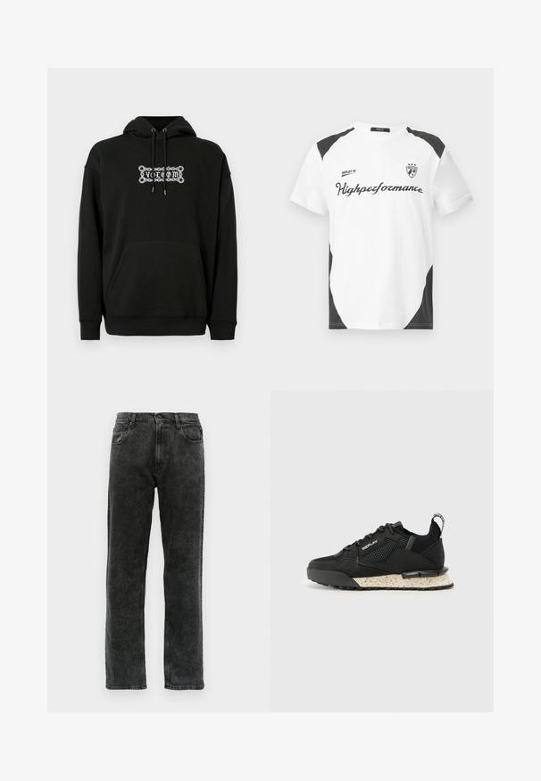 Schwarzer Kapuzenpullover mit Vordertasche, verstellbarem Kordelzug an der Kapuze und weißem Grafiktext-Design. Aus weichem, strukturiertem Stoff hergestellt.; Weißes Kurzarm-T-Shirt mit schwarzen Akzenten. Verfügt über das Logo "REPLAY FC" und den Text "Highperformance" in einer sportlichen Schriftart. Hergestellt aus einem glatten Material.; Schwarze Denim-Jeans mit geradem Schnitt, fünf Taschen, Knopfverschluss und dezentem Verblassen des Stoffs.; Replay FIELD MELT 25 - Sneaker low - black