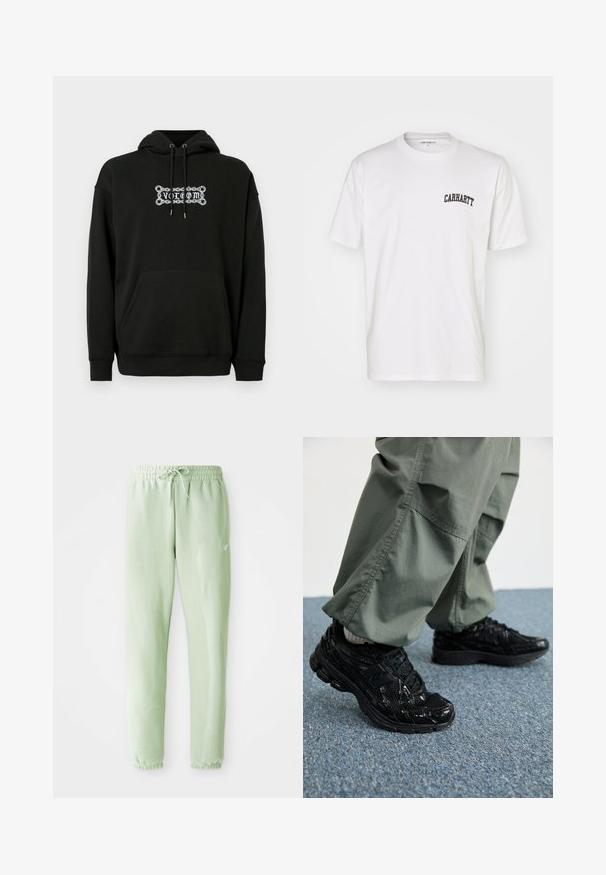 Black hoodie with a front pouch pocket, adjustable drawstring hood, and white graphic text design. Made of soft, textured fabric.; White cotton t-shirt with short sleeves and a crew neckline. Features a black "Carhartt" logo printed on the upper left chest area.; Light green sweatpants made of soft cotton, featuring an elastic waistband with drawstring and tapered legs, finished with gathered cuffs.; Black athletic sneakers with glossy and mesh textures, featuring a thick sole and laces, paired with loose olive-green cargo pants.