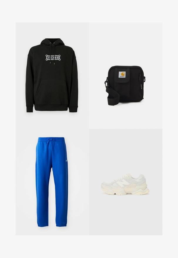 Sudadera negra con bolsillo frontal, capucha ajustable con cordón y diseño gráfico en texto blanco. Hecha de una tela suave y texturada.; Pantalones de chándal azules hechos de tejido suave, con una cintura elástica y cordón, piernas ajustadas y un pequeño detalle de logo en el costado.; Zapatilla ligera con parte superior de malla y ante en suaves tonos crema, con una suela gruesa y acentos tridimensionales.; Bolso bandolera negro con un compartimento principal con cremallera, bolsillo frontal, correa ajustable y un parche de logo visible en la tapa.