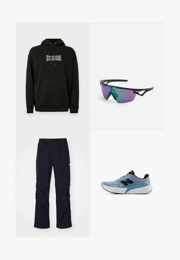 Zwarte hoodie met een voorzak, verstelbare trekkoordkap en witte grafische tekstontwerp. Gemaakt van zachte, gestructureerde stof.; Zwarte cargo broek van lichtgewicht materiaal, met een elastische tailleband, zijzakken en een recht gesneden ontwerp.; Lichtblauwe hardloopschoen met zwart logo, dikke witte zool en zwarte binnenvoering, zijaanzicht op een witte achtergrond.; Sport zonnebril met een zwart montuur, grote verlooplenzen met paarse en groene tinten, en hoekige ontwerpaccenten met logo-details.