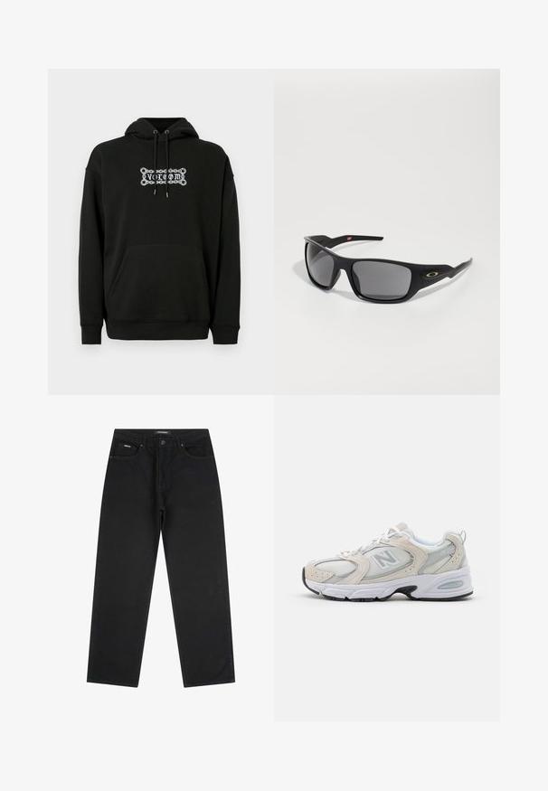 Zwarte hoodie met een voorzak, verstelbare trekkoordkap en witte grafische tekstontwerp. Gemaakt van zachte, gestructureerde stof.; Zwarte rechte jeans met voorste knop en rits, riemlussen en vijf-pocket ontwerp, plat gelegd op een witte achtergrond.; Atletiekschoen met een lichtgrijs mesh bovenwerk en suede accenten, witte veters en een zwarte rubberen zool. Opvallend ABZORB dempingdetail.; Zwarte zonnebril met een rechthoekige vorm, gemaakt van duurzaam plastic, met grijzige getinte glazen en een gouden accent aan de zijkant.