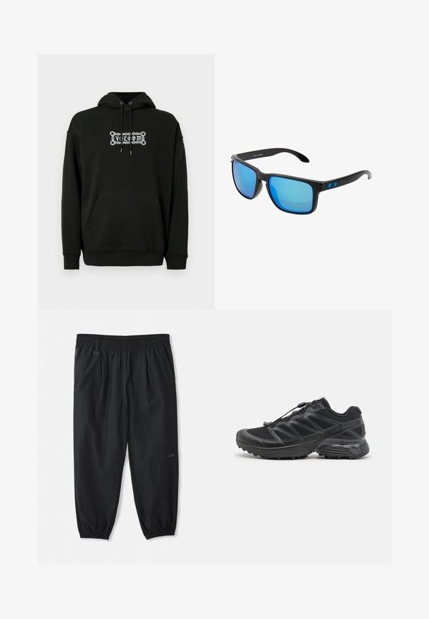 Melna kapuce ar priekšējo kabatu, regulējamu saites kapuci un baltu grafisko tekstu dizainu. Izgatavots no mīksta, teksturēta auduma.; Melni ikdienas bikses ar elastīgu jostasvietu, sānu kabatām, potīšu elastīgiem galiem un mazu logo labajā augšstilbā.; Melna skrienošā apava ar sietveida un sintētisku augšdaļu, elastīgu zoli un elastīgām šņorēm. Iekļauta mīkstināta starpzole komfortam.; Stilīgi melni saulesbrilles ar ziliem spoguļlēcām, kvadrāta formā un zila akcenta temple. Izgatavotas no viegla plastmasas materiāla.