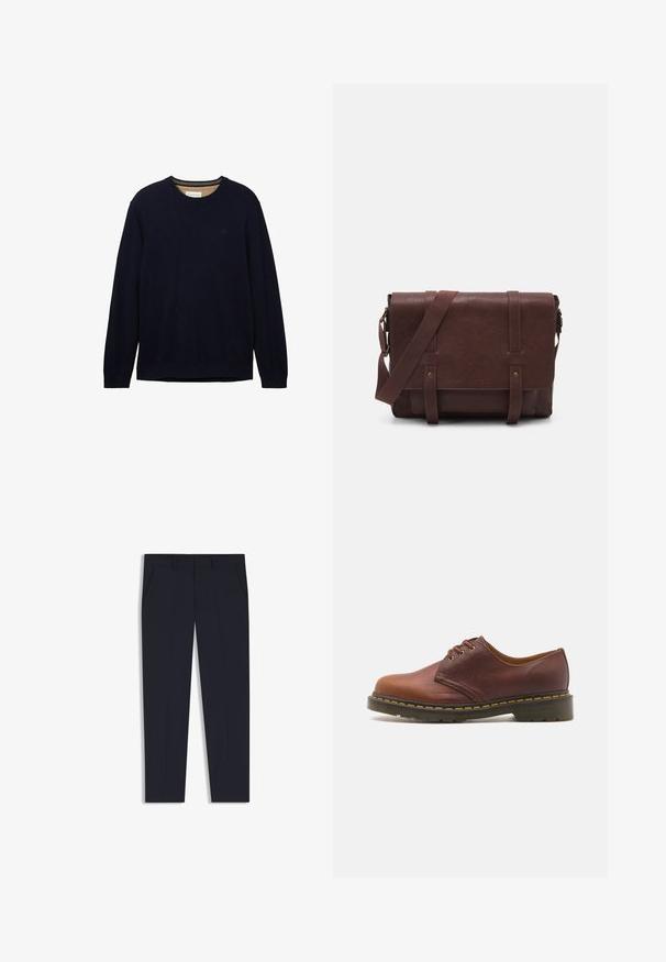 Pull marin en bleu marine fabriqué dans un matériau doux, avec un col rond, des manches longues et un logo discret sur la poitrine. Texture lisse et coupe décontractée.; Pantalon marine à coupe ajustée, avec deux poches avant, un design à plat et une texture lisse. Sans motifs ni ornements visibles.; Chaussure en cuir marron avec une finition lisse, bout rond et laçage à cinq œillets. Présente des coutures jaunes le long de la semelle et un talon texturé.; Sac en cuir marron de style messager avec un rabat plat à l'avant, deux sangles, des accents en métal doré et une bandoulière adjustable.; Montre en métal argenté avec un cadran bleu brossé, des index heures blancs et un affichage de la date. Comprend un bracelet métallique à maillons et le logo de la marque.