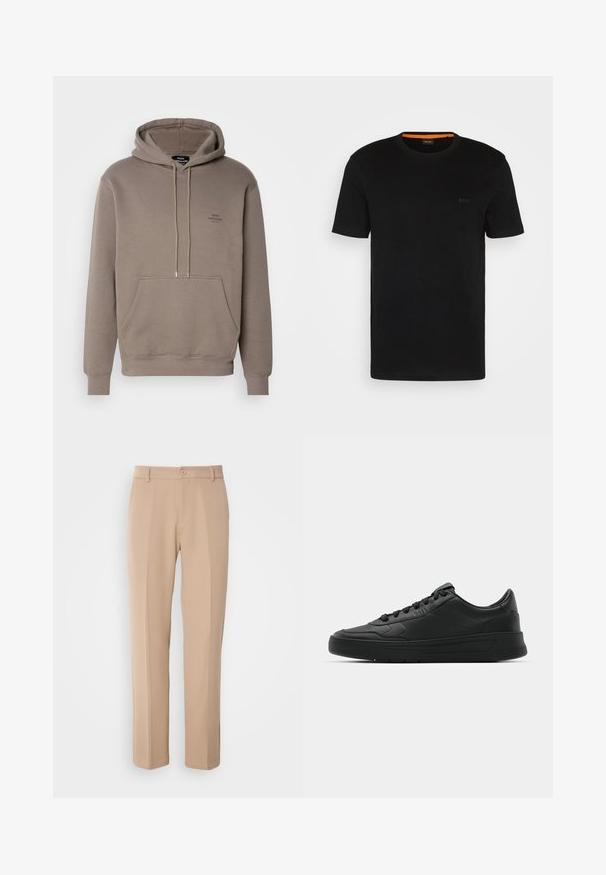 Bruine hoodie van zacht materiaal, met een voorzak, trekkoorden en een klein logo op de borst. Geribbelde manchetten en zoom.; Zwarte korte mouwen t-shirt gemaakt van zachte stof, met een ronde halslijn en een subtiel logo op de voorkant. Binnenkant van de kraag heeft een oranje accent.; Beige broek gemaakt van gladde stof, met een rechte pasvorm, een sluiting met een knoop aan de voorkant en subtiele plis details aan de voorkant.; Zwarte sneaker met een glad leren bovenwerk, ronde neus, platte veters, gewatteerde kraag en minimalistisch design. Rubberen zool met een subtiel profiel.