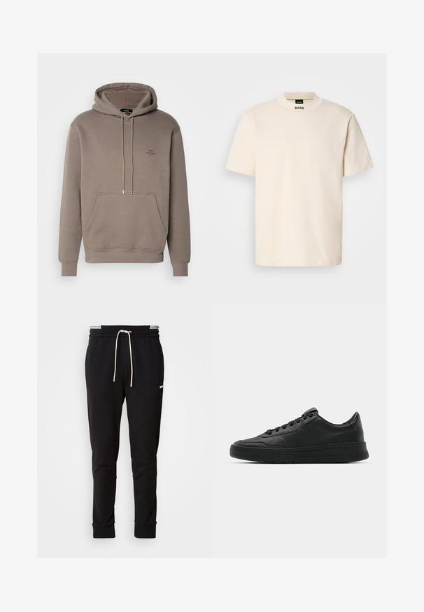 Ruskea huppari, joka on valmistettu pehmeästä kankaasta. Siinä on etutasku, kiristysnyörit ja pieni logo rinnassa. Ribbaatut hihansuut ja helma.; Kermanvärinen lyhythihainen T-paita korkean kauluksen kanssa, jossa on musta "BOSS" -teksti painettuna etukaulukseen ja sisäetikettiin.; Musta slim-fit juoksuhousut valkoisella nauhalla, ribbireunat ja hillitty logo ylemmässä reidessä tasaisella taustalla.; Mustat lenkkitossut, joissa on sileä nahkapäällinen, pyöreä kärki, tasaiset nauhat, pehmustettu nilkka ja minimalistinen muotoilu. Kumia pohja, jossa on hillitty urakuvio.