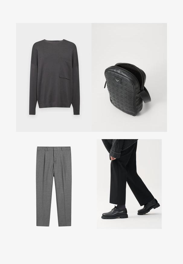 Maglione a maniche lunghe grigio antracite in maglia, con collo tondo e una singola tasca sul petto. Tessuto morbido con vestibilità rilassata e polsini a coste.; T-shirt in cotone nero con collo rotondo classico, maniche corte e vestibilità rilassata. Tessuto morbido, senza fantasie o decorazioni.; Pantaloni grigi su misura con un tessuto strutturato, dotati di fronte piatto, gambe con pieghe, passanti per cintura e vita standard.; Scarpe in pelle nera con punta arrotondata, design con lacci e suola spessa e texture. Indossate con pantaloni neri su misura e un maglione a coste.; Borsa nera in pelle testurizzata con un motivo geometrico, forma rettangolare, cerniera superiore e manico corto. Presenta un'etichetta del logo sul davanti.; Orologio Timex con quadrante argentato, indici neri e cassa in acciaio. Presenta un cinturino in pelle nera texture. Design semplice ed elegante.