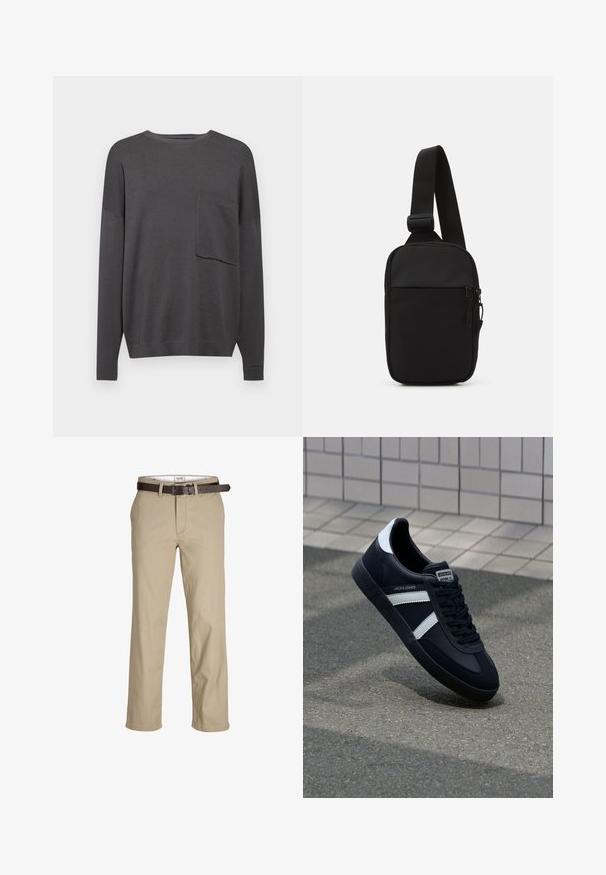 Kullgrå langermet strikkegenser med rund hals og en enkelt brystlomme. Myk tekstur med avslappet passform og ribbestrikkede mansjetter.; Beige bomullsbukser med rett kutt, med beltehemper, et brunt lærbelte og et klassisk design. Glatt og solid tekstur.; Sorte lærersneaker med hvite striper, teksturert gummihæl og snøring foran. Har et merketikett på tungen.; Svart skulderveske laget av slitesterkt stoff, med en justerbar stropp, en glidelåslukking på hovedrommet og en frontlomme.