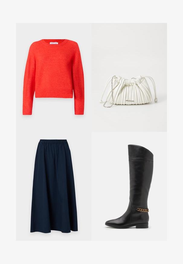 Roter, taillierter Pullover aus weichem Material. Rundhalsausschnitt, lange Ärmel und gerippte Saumdetails. Leicht strukturierte Oberfläche.; Navyblaue, knöchellange Skirt aus strukturiertem Stoff mit einem elastischen Bund und dezenten vertikalen Streifen.; Hohe schwarze Lederstiefel mit elegantem Design, spitzer Zehe und einem goldenen Kettenakzent am Knöchel. Tiefer Blockabsatz. Glatte Textur.; Weiße plissierte Handtasche aus weichem Material. Verfügt über einen Kordelzugverschluss, geflochtene Griffe und ein silberfarbenes Hardware-Detail.